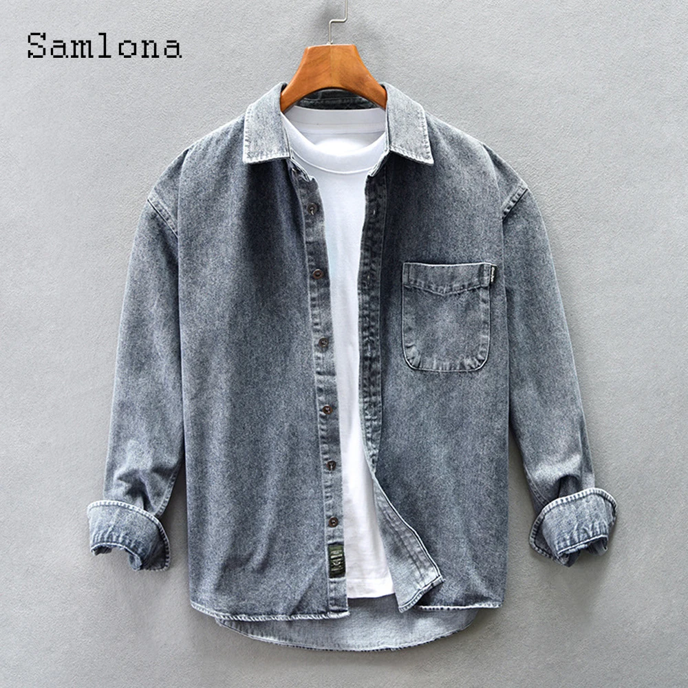 

Plus Size 3XL Men Fashion Demin Shirts 2022 Autumn Jean Blouse Lepal Collar Basic Tops Street Casual Slim Male Demin Outerwear