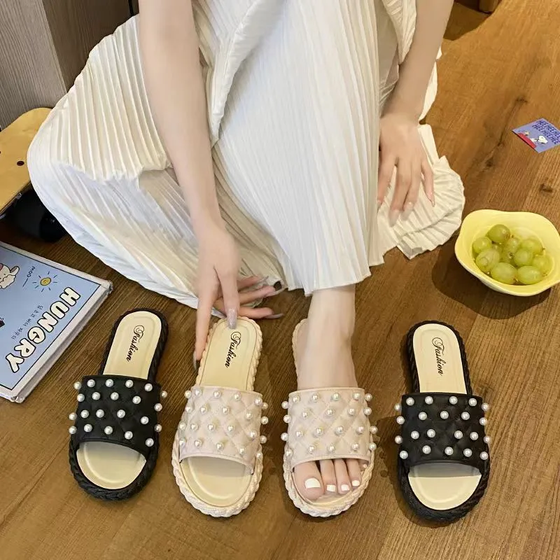 

2022 Women Slipper Fashion Pearl Border Slippers Flat Bottomed Female Sandals Summer Casual Comfort Beach Outdoor Ladies Shoes