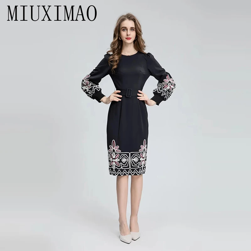 MIUXIMAO 2023 High Quality Spring Summer Elegant Dress Long Sleeve O-Neck Embroidered Fashion Knee Length Dress Women Vestide