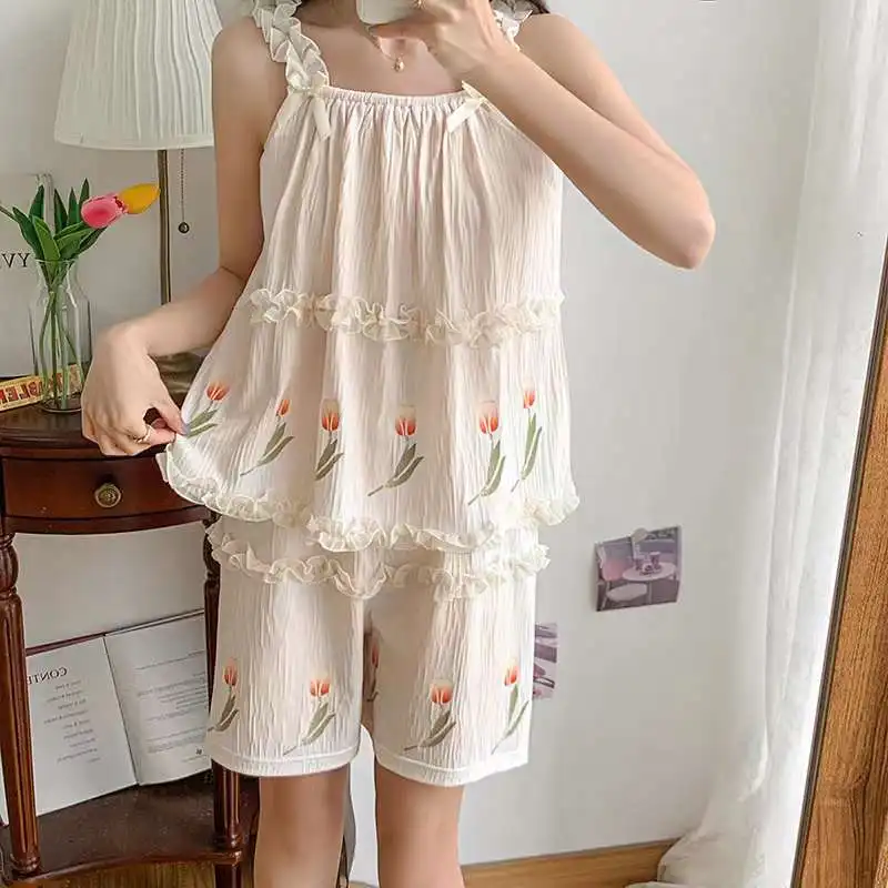 Women Girl Fashion Short Pajamas Sets Summer Wrinkled Sleepwear Cute Home Clothes