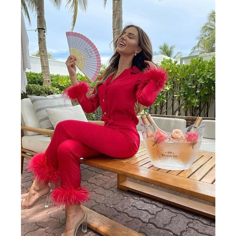 QWEEK Two Piece Pajamas Women Feather Detail Lounge Set Female Autumn Long Sleeve Pijamas Solid Pyjamas Casual Sleepwear Suit