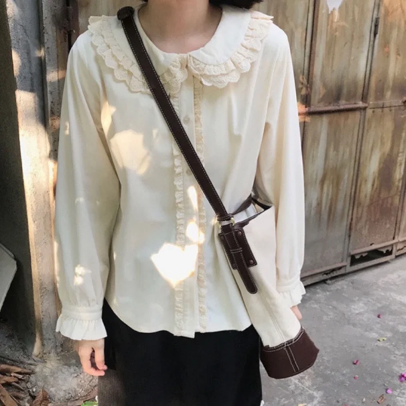 

Vintage Cute Soft Girl Lolita Doll Collar Backed Button Shirt Women's Spring Long Sleeve Lace Underlay Top