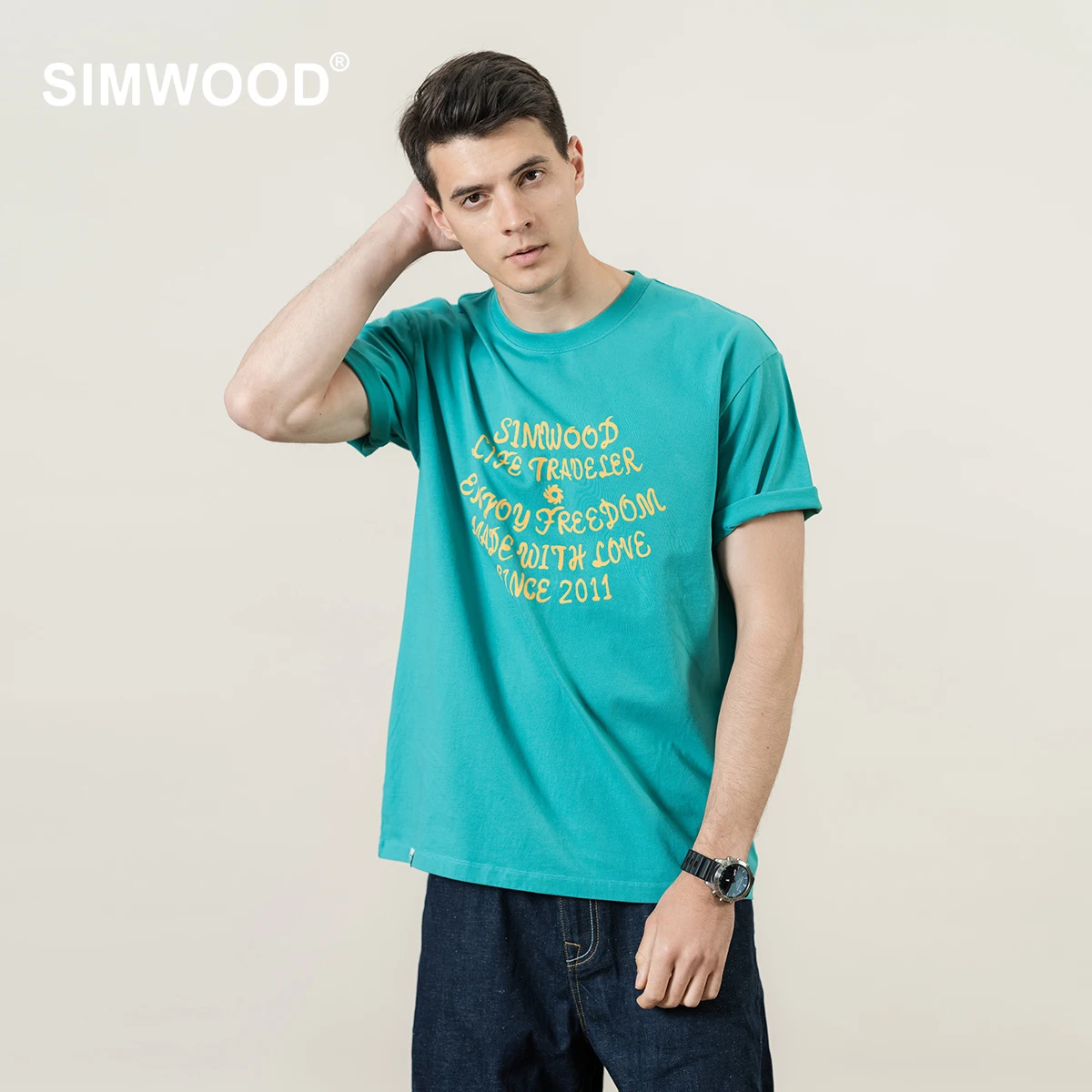 

SIMWOOD 2022 летние новые футболки с буквенным принтом больших размеров, Мужские дышащие топы из 100% хлопка, футболки размера плюс