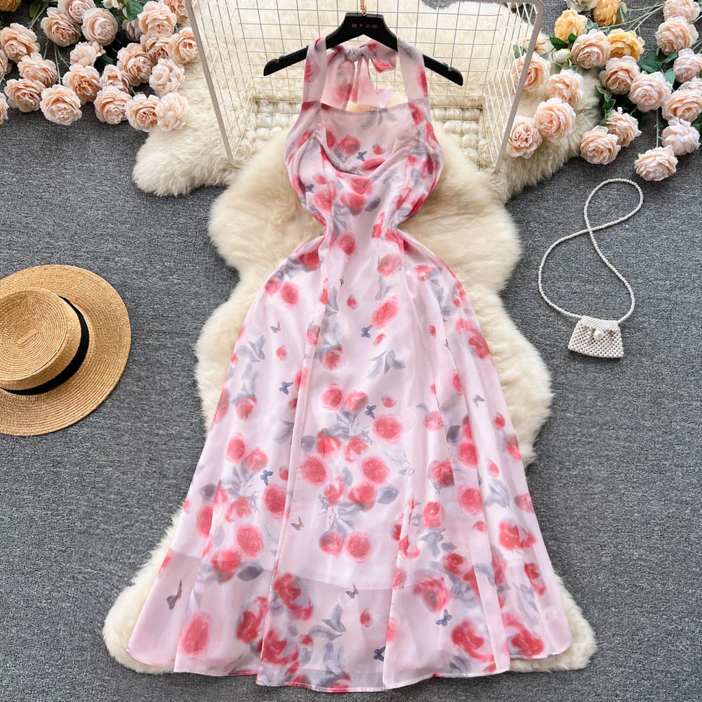 

Sweet Hanging Neck Flower Print A-line Dress Women's Summer New Fashion Sleeveless Lace Up Party Clothes Vestidos De Mujer K935