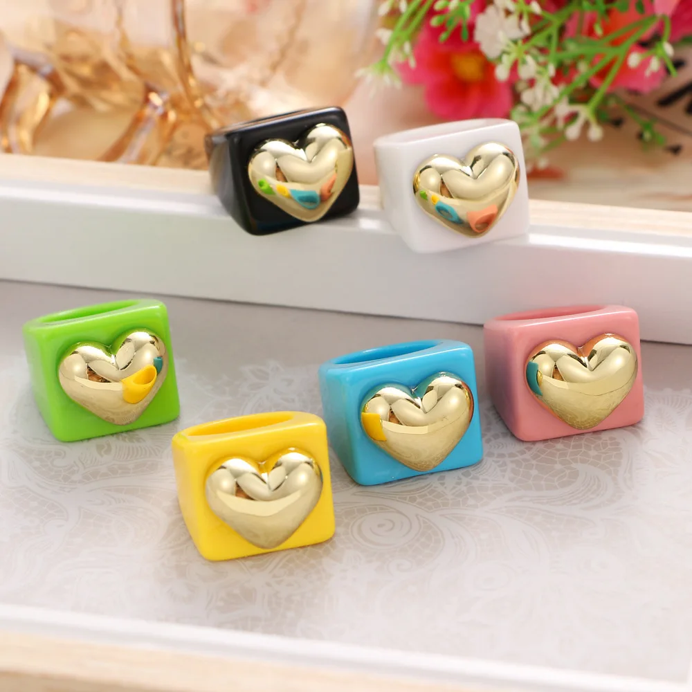 

Fashion Candy Colorful Square Resin Acrylic Geometric Heart Metal Finger Ring For Women Summer Party Trendy Jewelry Accessories