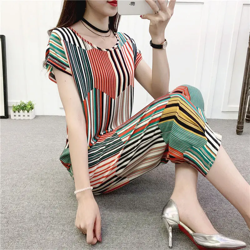 Cotton Silk Mother Suits Women's 2022 Summer Fashion Striped Colors Middle-aged Women Two Piece Sets Plus Size Sports Pants Sets