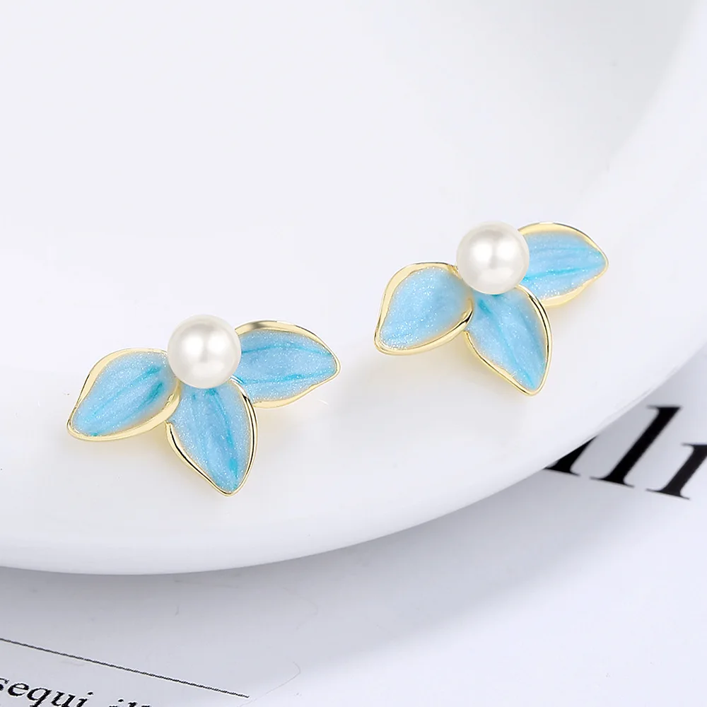 Blue Enamel Flower Pearl Stud Earrings For Women Fine Jewelry Minimalist Cute Plant