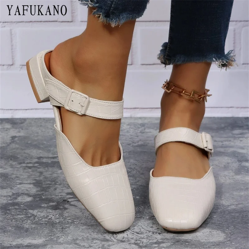 

Crocodile Embossed Buckle Decor Square Toe Low Heel Mules Pumps Chunky Heeled Casual Slippers Square Toe Sandals Slides Size 41