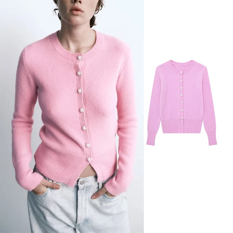

TRAF 2023 Pearl Button Cardigan Woman Cropped Autumn Soft Sweaters For Women Casual Cardigans Women Long Sleeve Coats