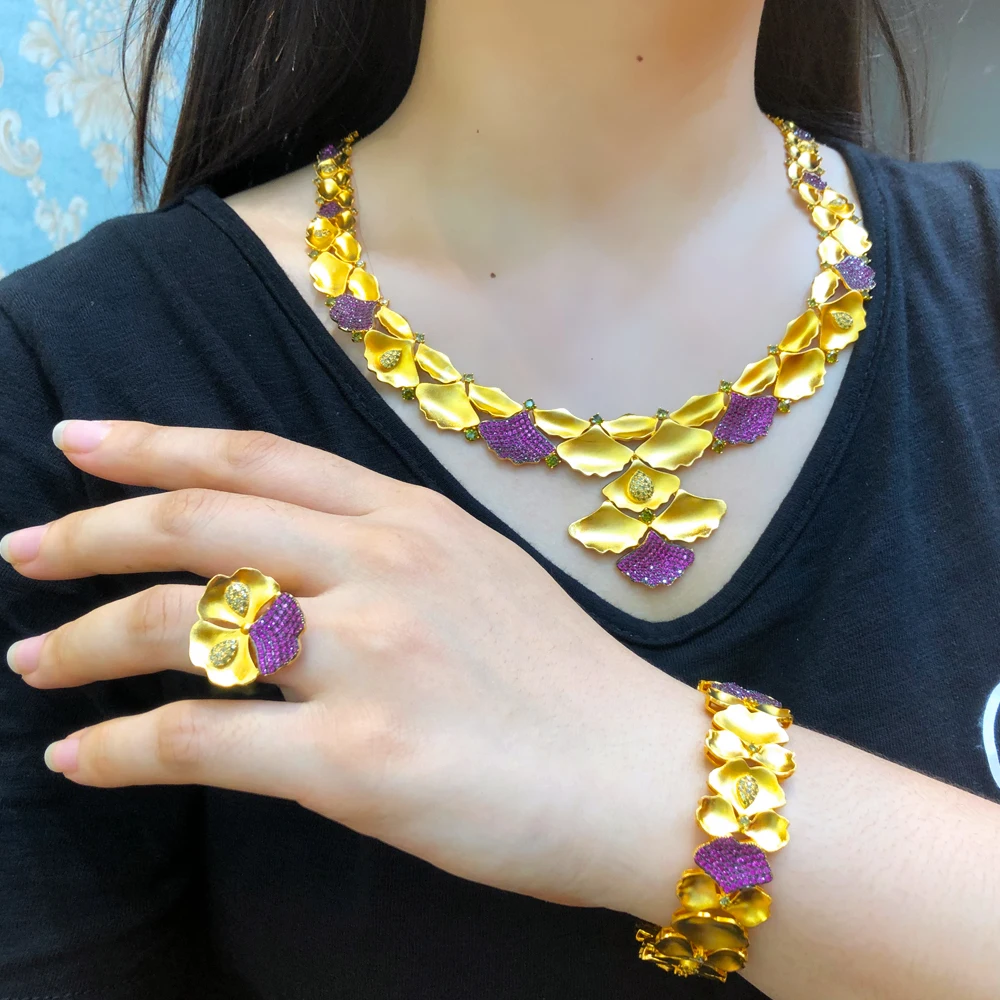 

Soramoore Luxury Ginkgo Leaf 4PCS Necklace Bracelet Earrings Ring For Women Wedding Party Bridal Jewelry Sets Best Gorgeous Gift