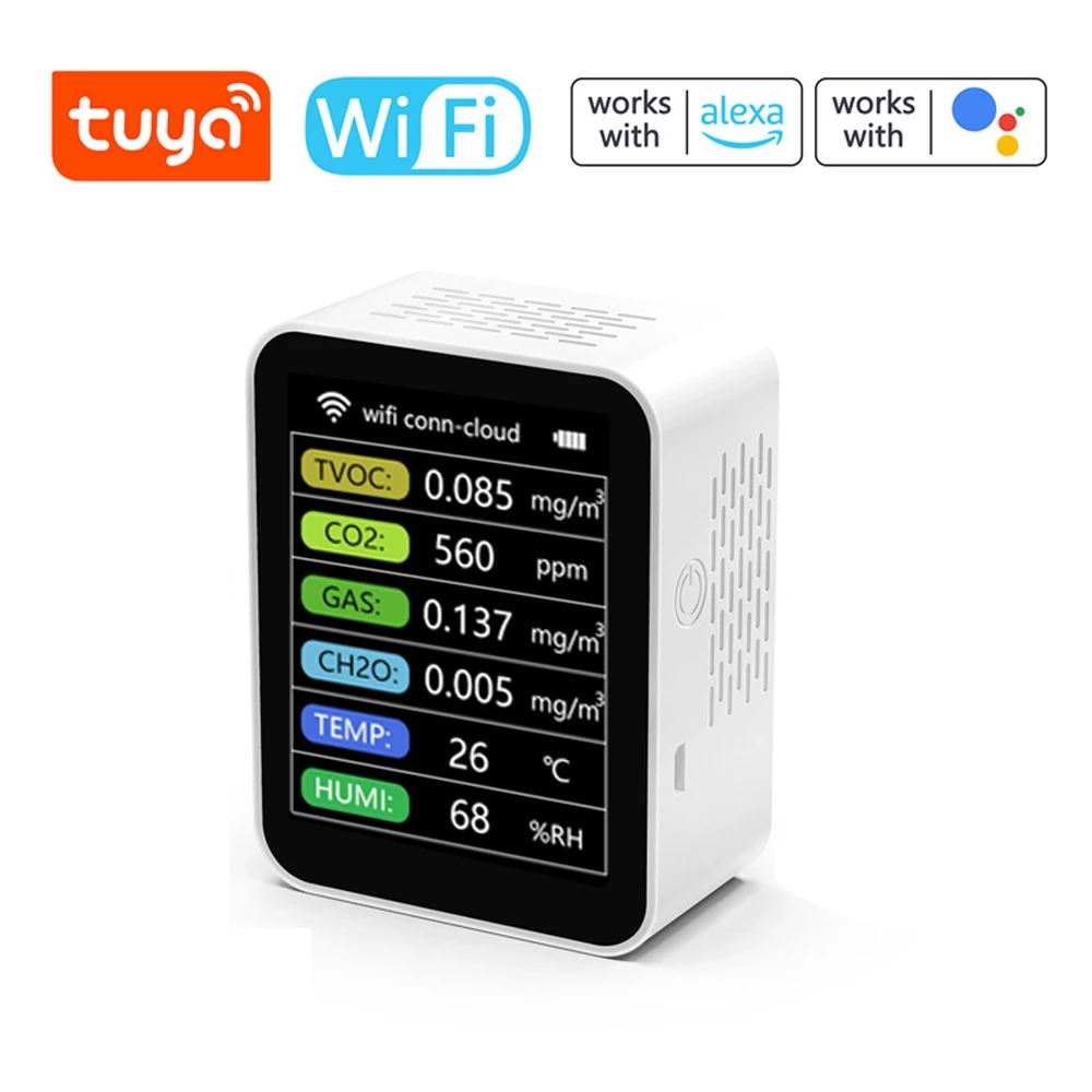 

Умный Wi-Fi Датчик качества воздуха Tuya 6 в 1, многофункциональный детектор TVOC, CO2, газы, CH2O, датчик температуры и влажности воздуха, для приложени...