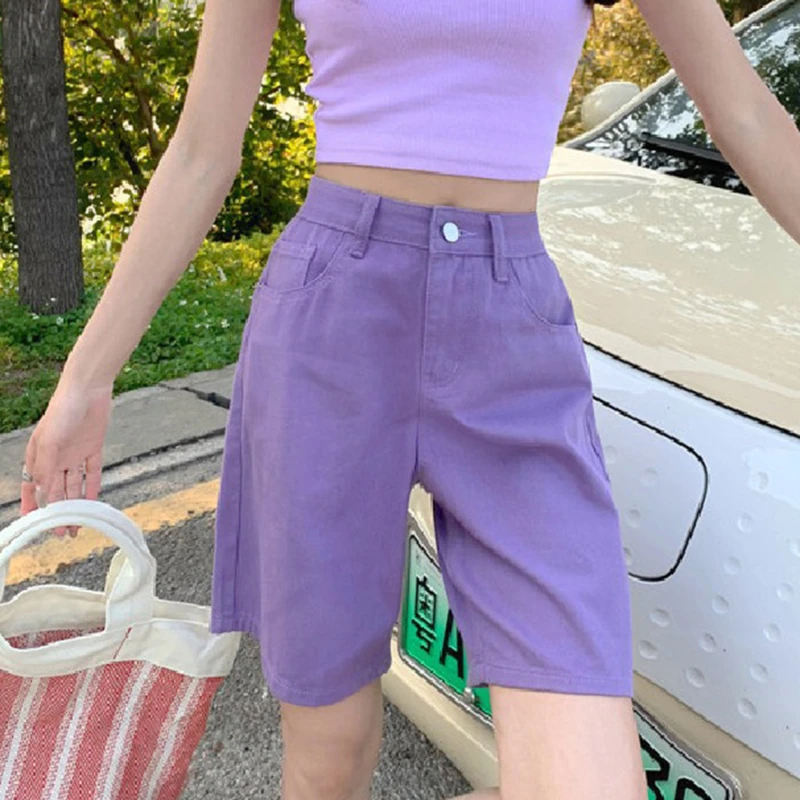 

Chic Straight Loose Ladies Jeans Shorts Summer High Waist Pockets Female Wide Leg Solid Color Denim Shorts