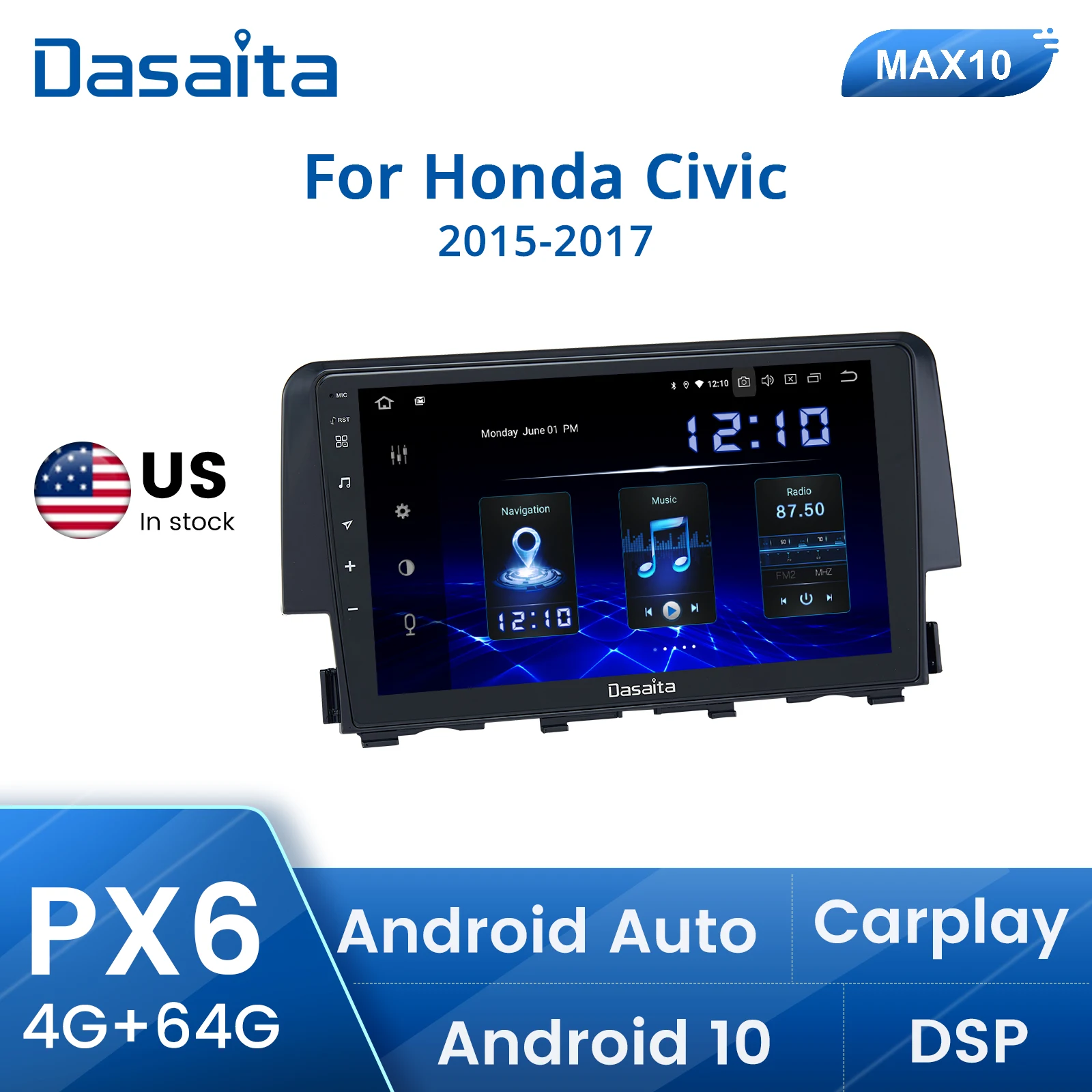 

Dasaita 9" 1 Din Autoradio for Honda Civic 2015 to 2017 Car Radio Android 11 10 GPS Navigation Multimedia Video Player Carplay