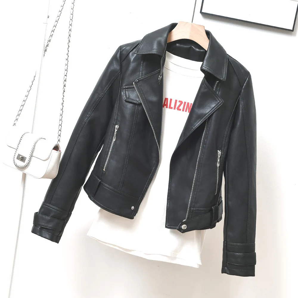 2023 autumn new handsome locomotive short small leather coat female slim-fit show slim top lapel leather jacket
