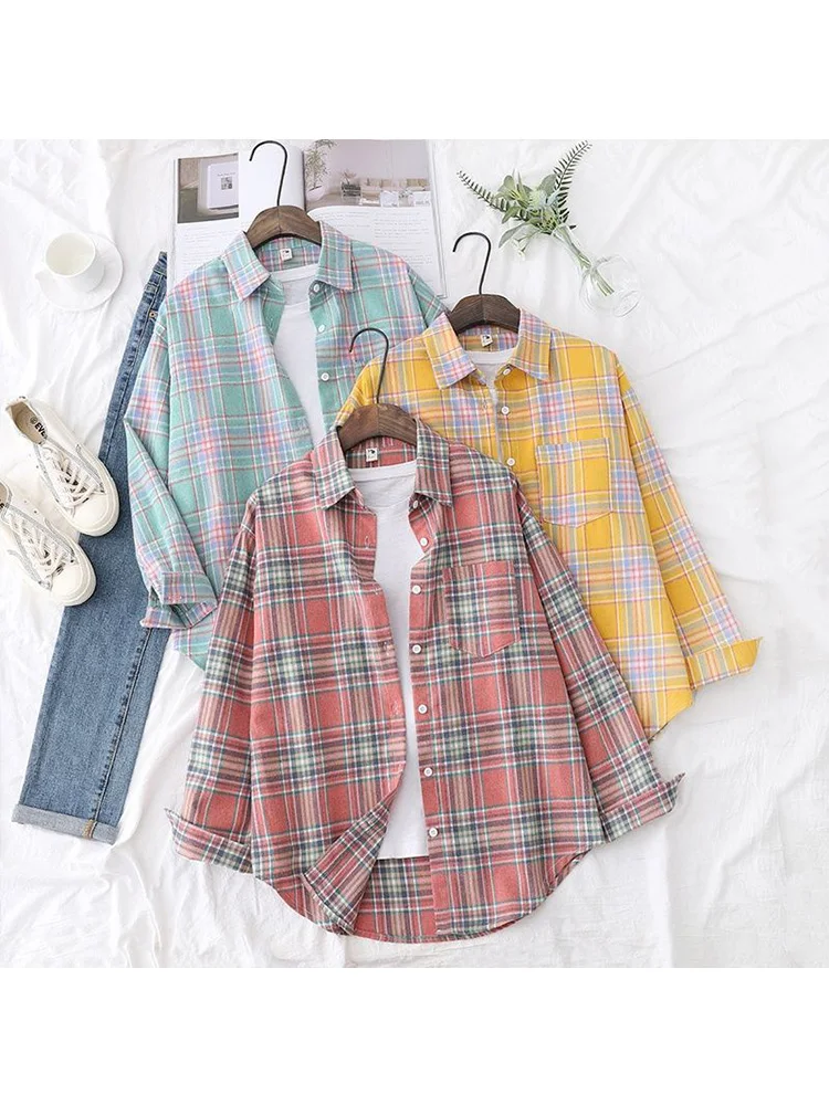 

New Fashion Plaid Design Loose Long Sleeve Single Breasted Shirt Spring Women's Turn-Down Collar Casual Blouse Female Clothes