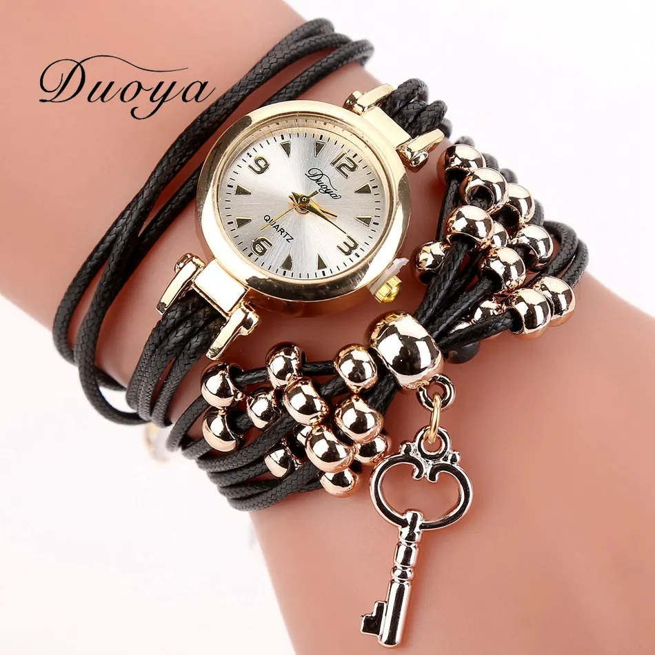 

Duoya Brand Watches For Women Fashion Simple Gold Beads Charm Bracelet Quartz Watch Luxury Key Pendant Dress Woman Clock Watch