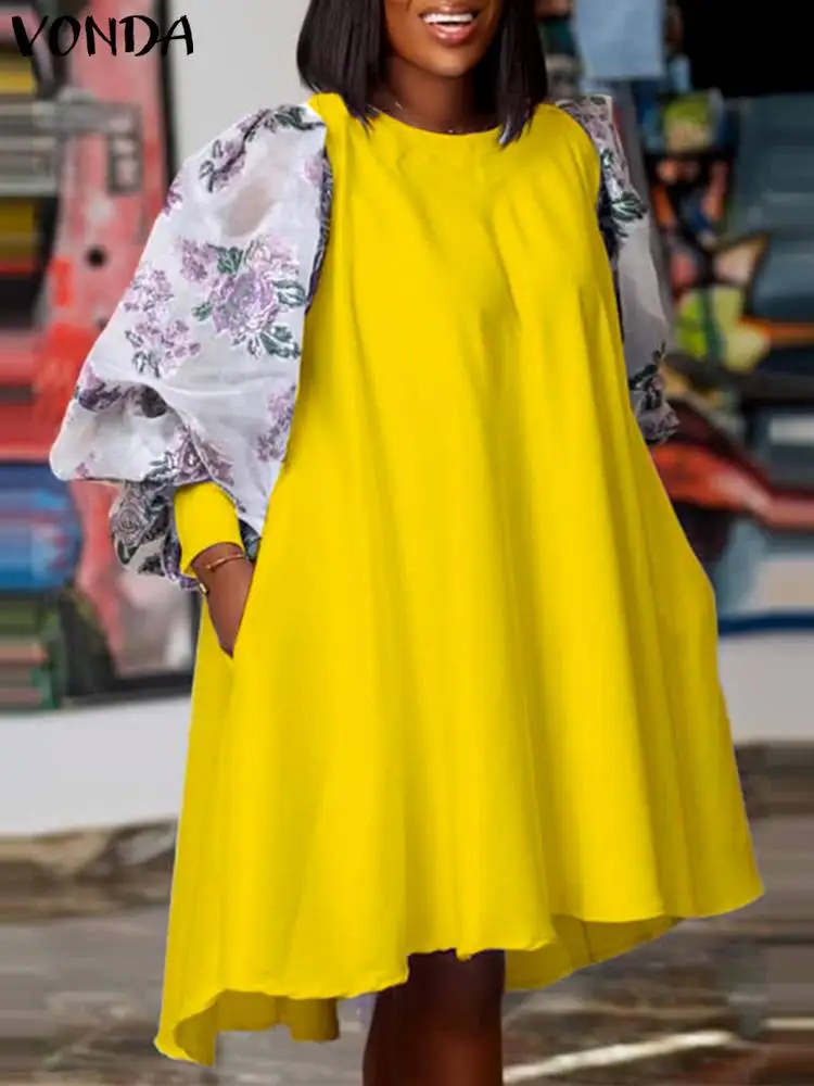 

VONDA Y2K Female Vintage A-Line Robe Casual Loose Midi Dresses Patchwork Holiday Vestidos Women Long Sleeve Sundress Oversized
