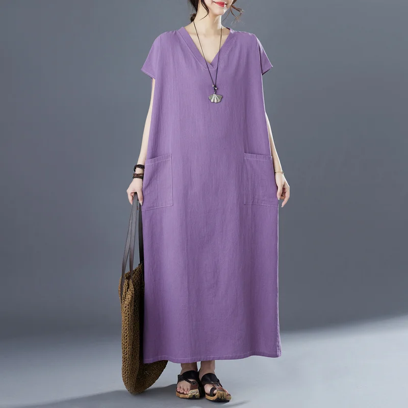 

#3907 Summer Purple Cotton Linen Long T Shirt Dress Women V-neck Big Pockets Sexy Loose Vintage Thin Straight Dress Short Sleeve