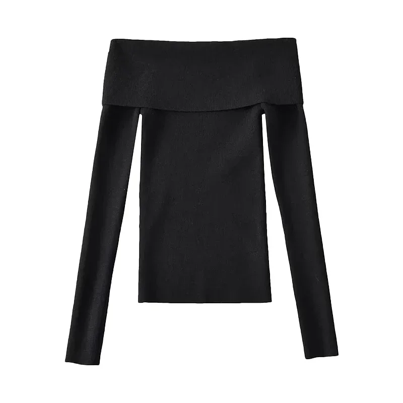 Черный сексуальный вязаный топ с открытыми плечами однотонный свитер разрезом