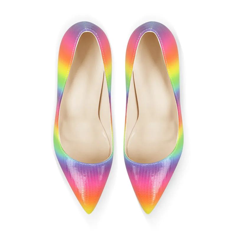 Onlymaker Women Rainbow Pointed Toe Stilettos Pumps Slip On Shoes Multicolor Patent Leather Shallow Thin High Heels