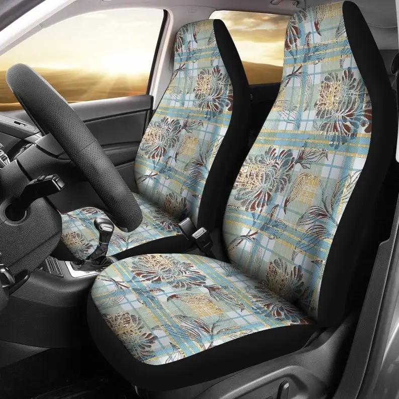 

Blue Gold Plaid Floral Flowers Car Seat Covers Pair, 2 Front Seat Covers, Car Seat Protector, Car Accessories