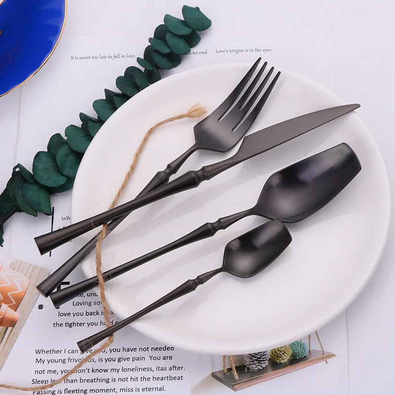 

5 шт. Вилка, нож, ложка, столовая посуда, полный набор черных столовых приборов из нержавеющей стали, кухонная утварь, свадебные столовые приб...