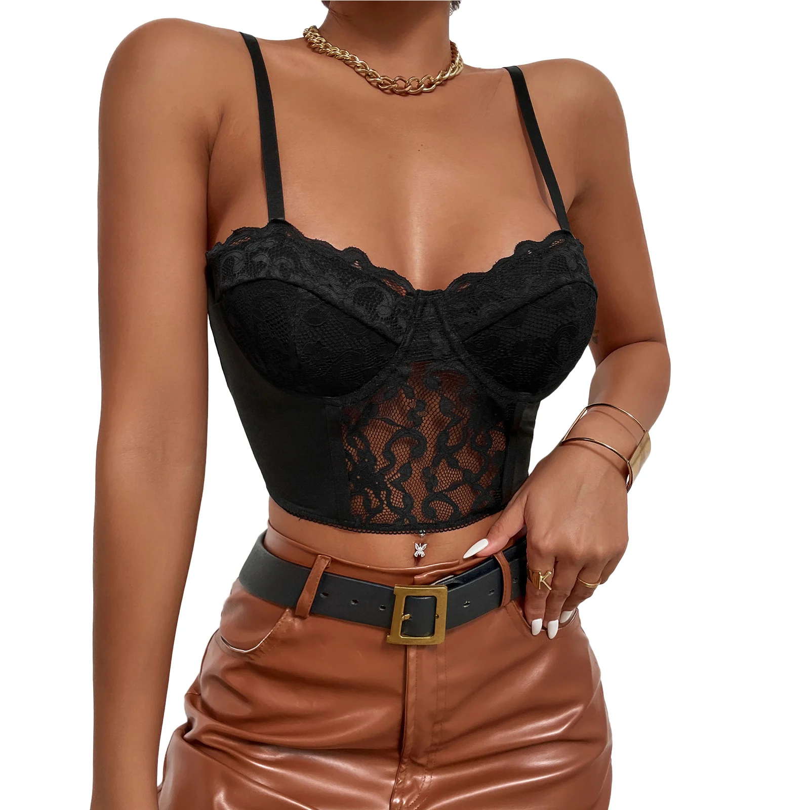 

2022 Summer Sexy Women Hollow Out Camisole Solid Color Lace Cutout Casual Sleeveless Backless Crop Tops Streetwear