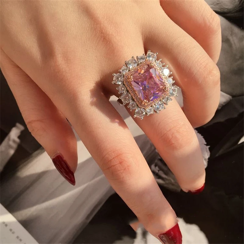 

New French Elegant Square Diamond Court Style Vintage Pink Zirconia Ring Female 925 Stamp Fashion Jewellery For Ladies