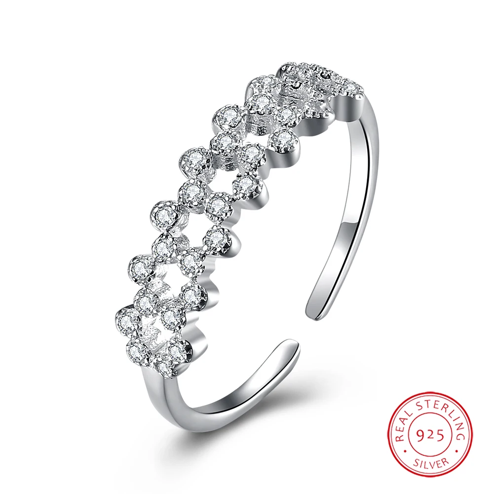 

925 Silver Open Geometric Chain Zircon Rings Adjustable Size Cubic Zirconia Rings Girls Womens Jewellery Gifts