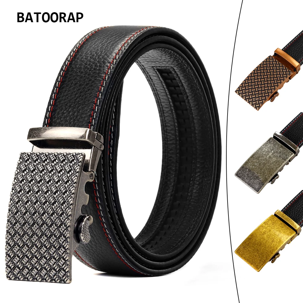 BATOORAP Belt for Men Black Quality Leather Alloy Automatic Buckle Fashion Luxury Belt Male Trouser Strap 110cm-130cm