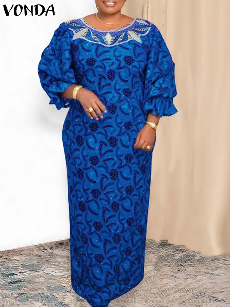 VONDA размера плюс 5XL женское винтажное длинное платье макси 2024 осеннее богемное