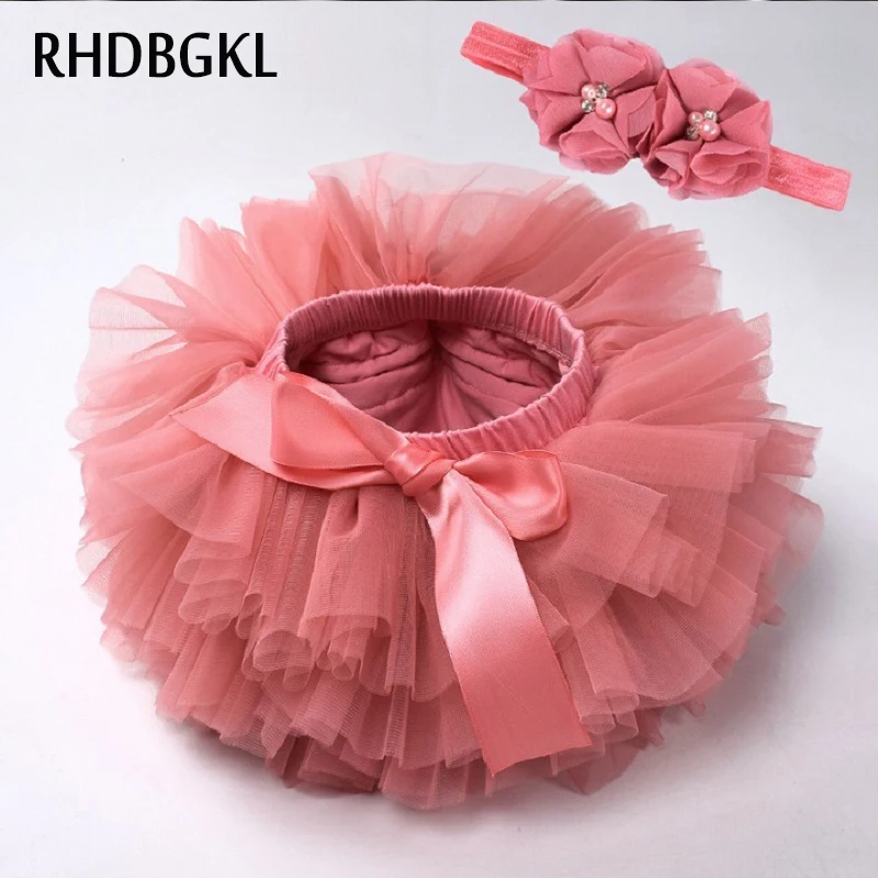 

0-2T Baby Girl Tutu Skirt Infant Newborn Tutu Diapers Cover Mauv 2pcs Short Skirts+Headband set Baby Mesh Bloomer