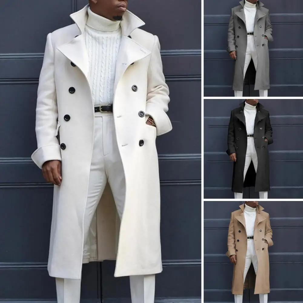 

Men Long Coat Stylish Men's Double-breasted Trench Coat Mid Length Windproof Thick Versatile Jacket for Fall Winter Solid Color