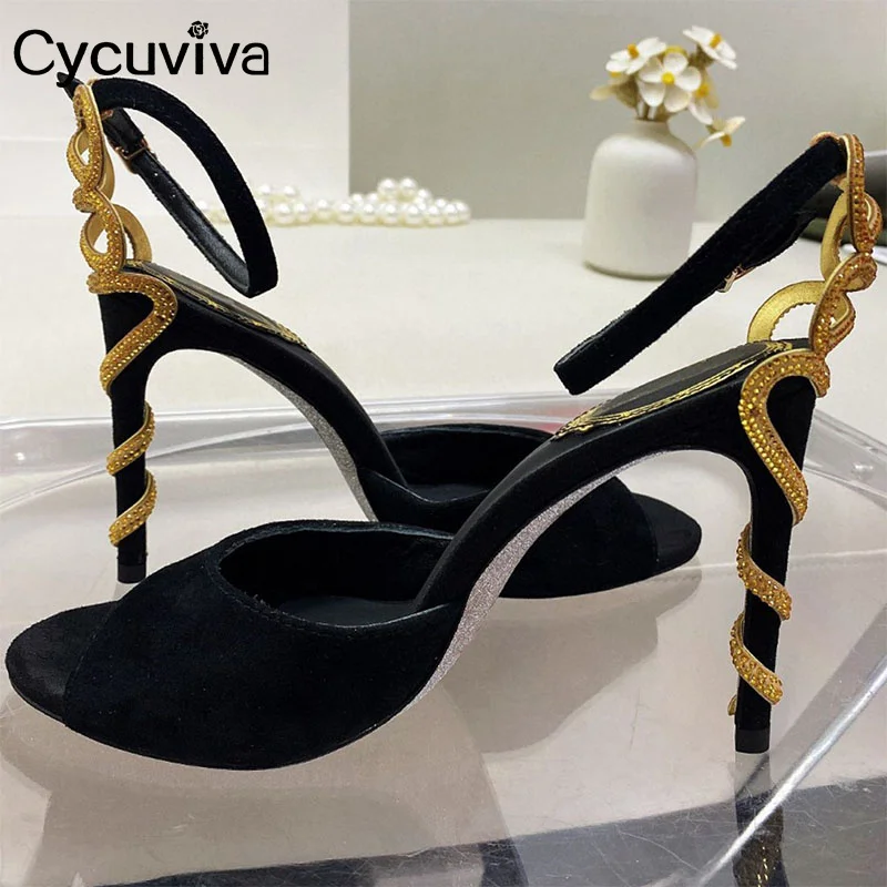 

Hot Summer Snake Crystal High Heel Gladiator Sandals Suede Leather Peep Toe High Heel Weeding Braid Shoes For Women Sexy Sandals