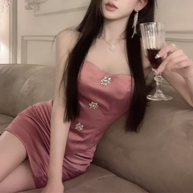 

2023 Women Summer Elegant Office Lady Bodycon Stain Mini Dress French Vintage Y2k Dress Korean Retro Fashion Clothing