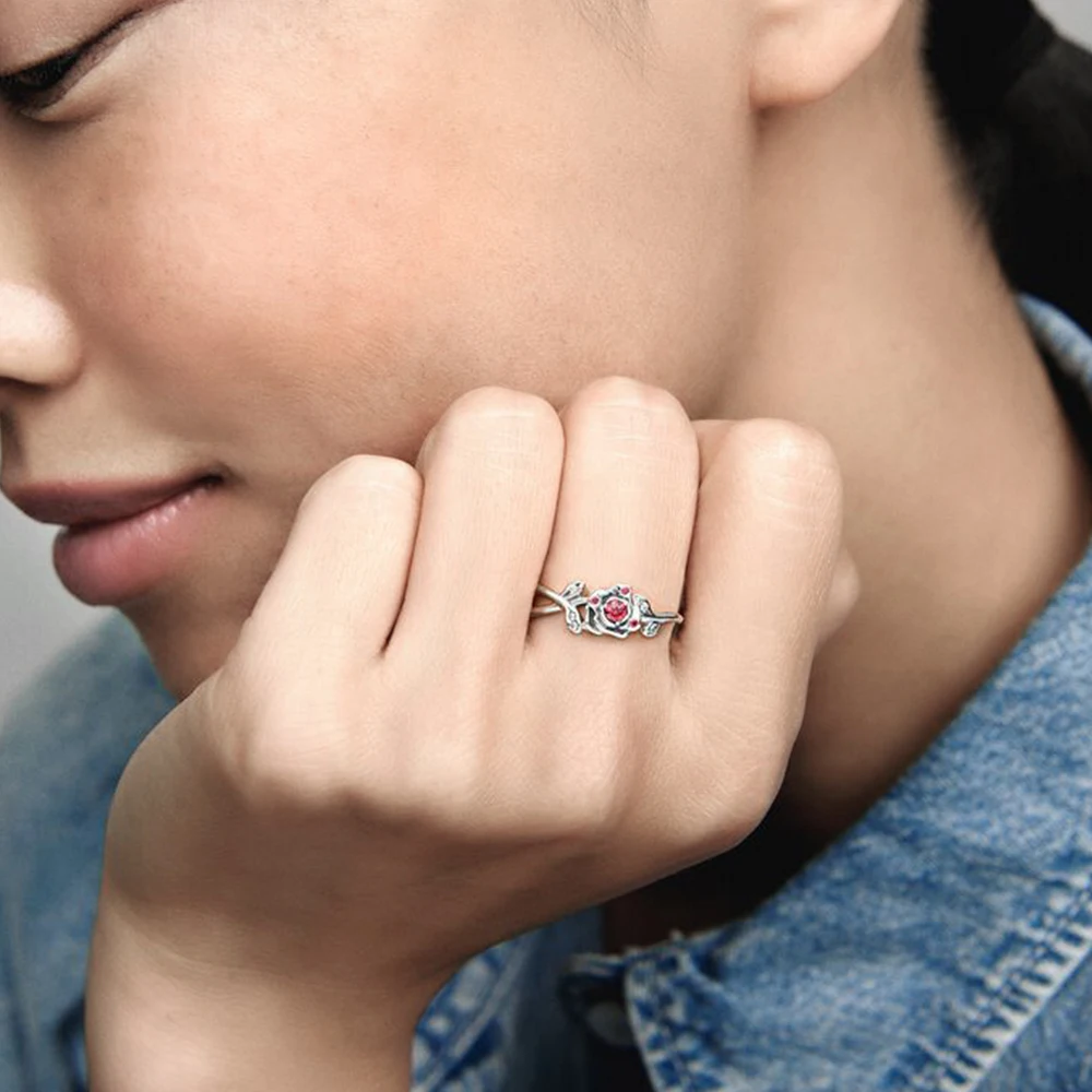 Bague fleur Pandora rouge grenade, bijoux romantiques doux, argent 925, thème beauté et la bête, vintage, pierre précieuse incrustée, rose