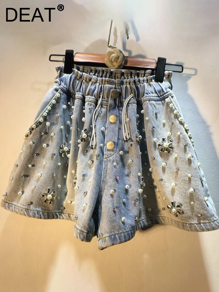 

DEAT Fashion Women's Shorts Beading Pearls Pockets Washed Demin Hight Waist Thin Wide Leg Blue Shorts Summer 2023 New 17A7335