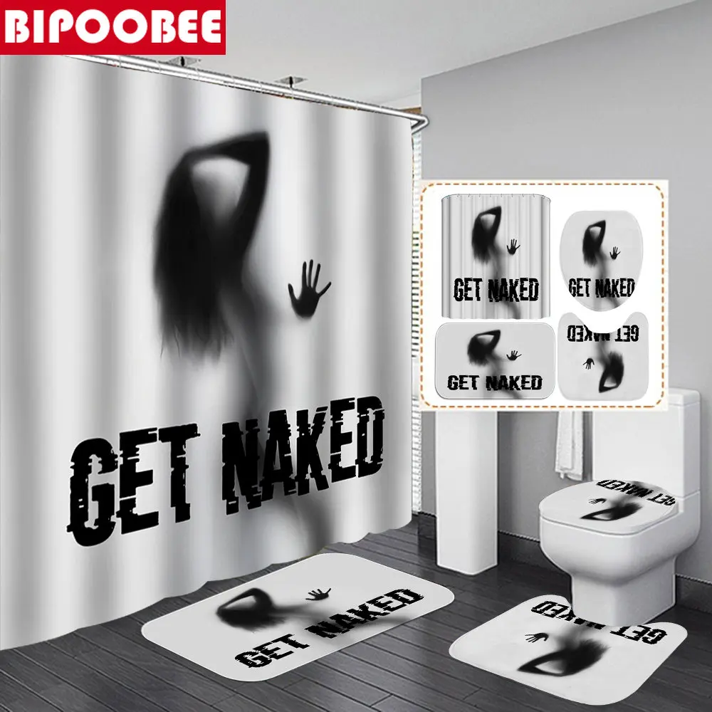 

Get Naked Sexy Girl Shadow Bathroom Curtain 3D Fabric Shower Curtains Toilet Lid Cover Non Slip Carpet Bath Mats Rugs Home Decor