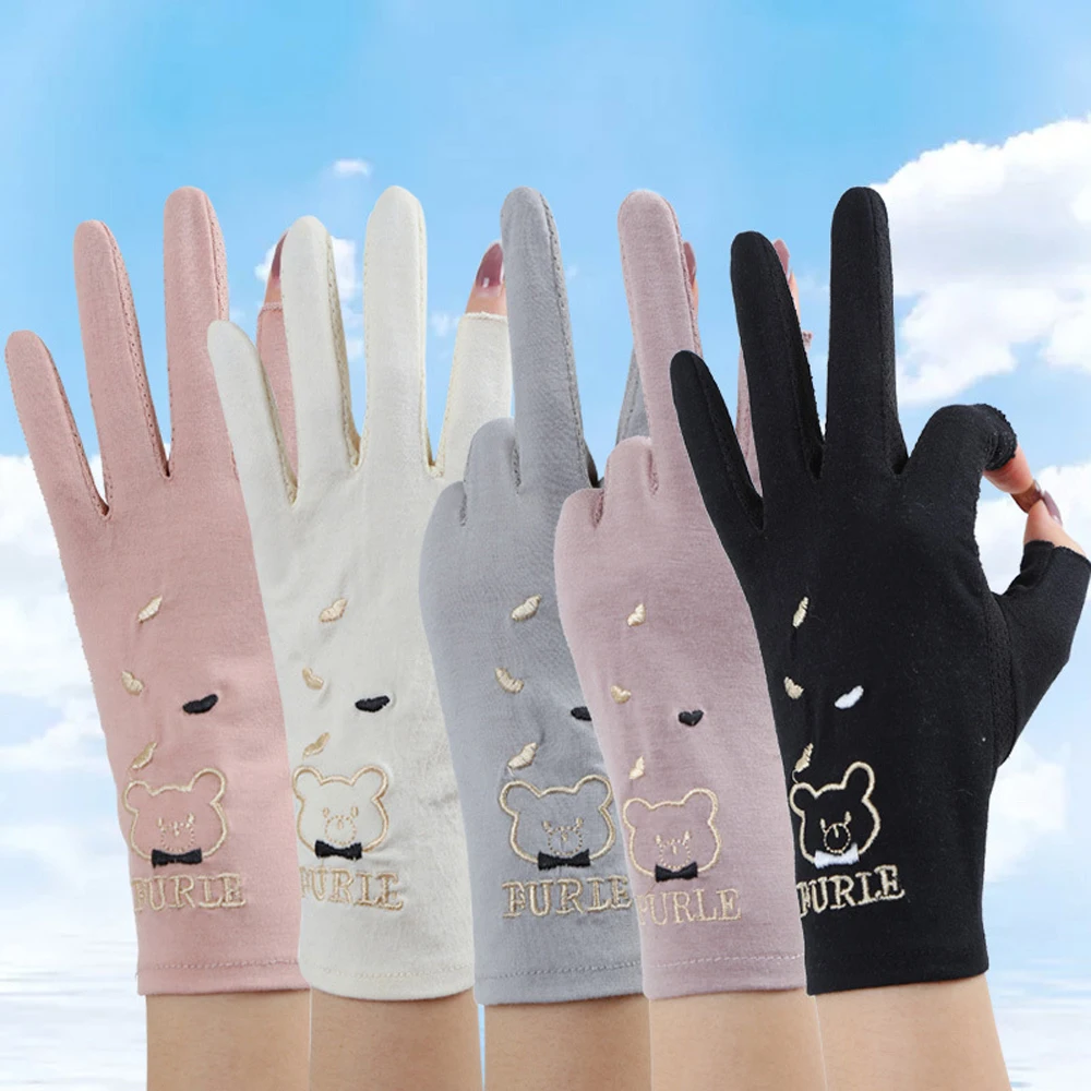 

Women Summer Sunscreen Cute Lovely Little Bear Non-Slip Cotton Mesh Breathable Soft Drive Cycling Sun Protection Anti-UV Gloves