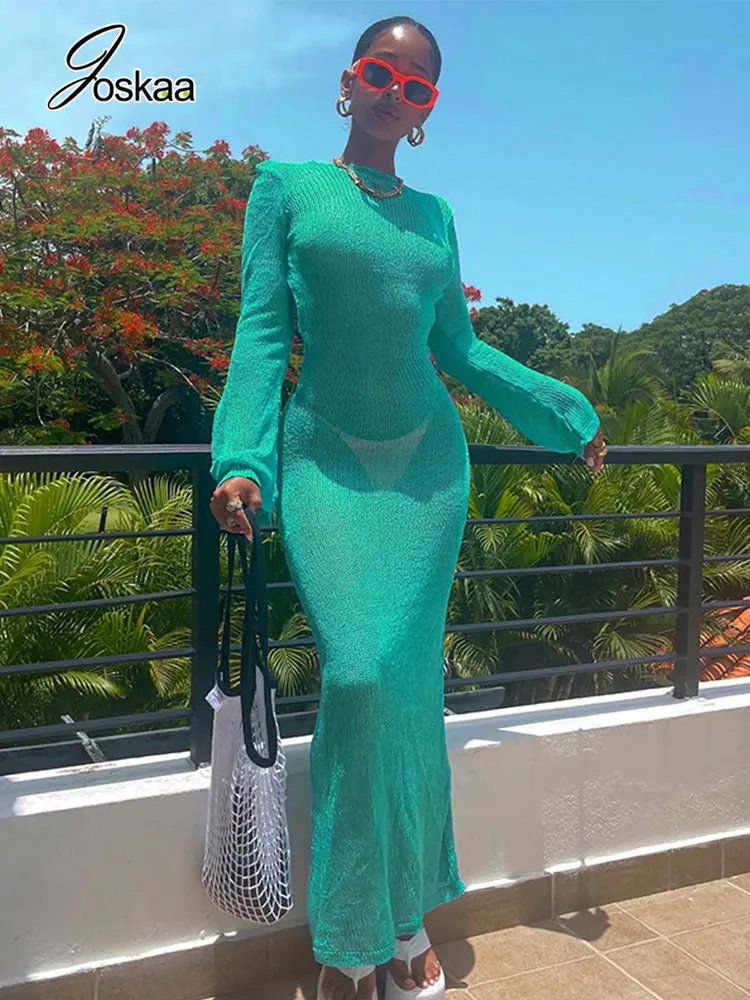 

Joskaa Knitted Mint Green Maxi Dresses Sexy Round Neck Long Sleeve Backless Bodycon Dress for Women 2022 Autumn Party Clubwear