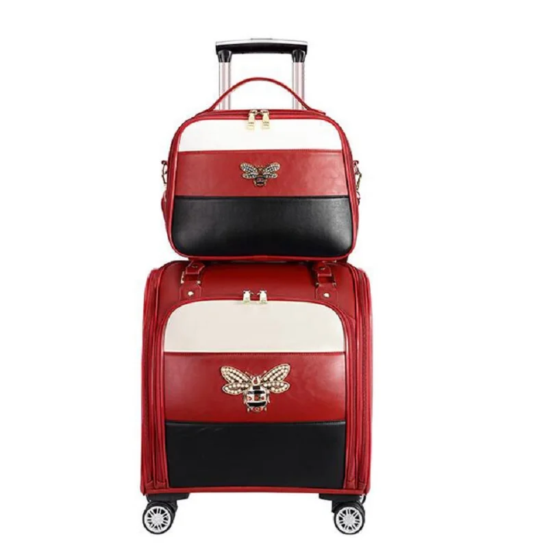 

Genuine Leather 16/18Inch With Handbag Women Rolling Luggage Set Small Cabin Carry On Retro Ladies Trolley Suitcase Travel Bag