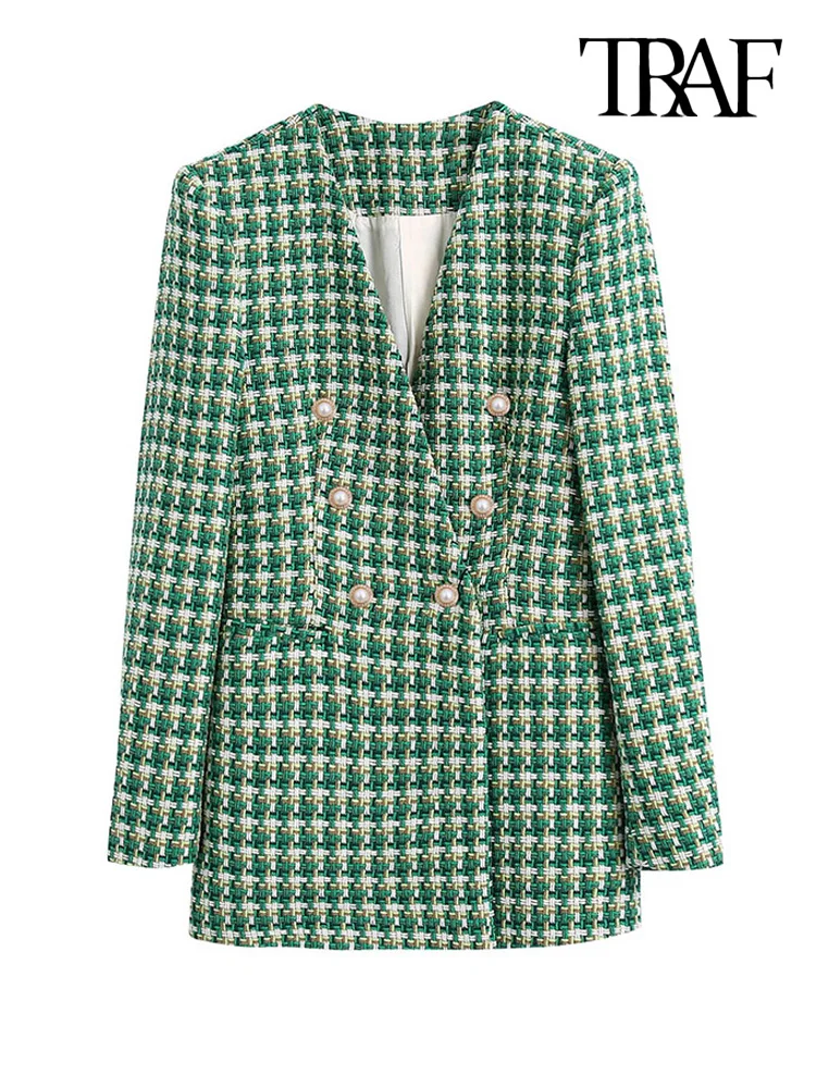 Пиджак женский твидовый двубортный с длинным рукавом и карманами | Женская