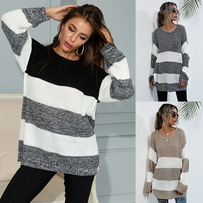 Women's Mid-length Autumn Striped Colorblock Knitted Sweater