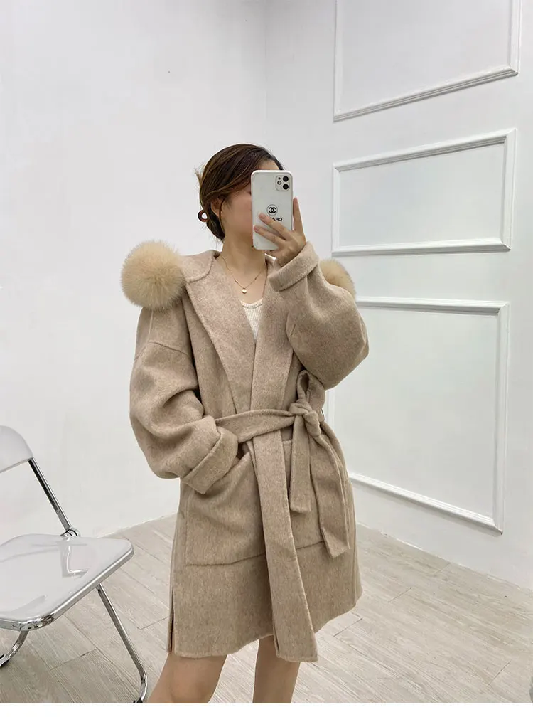 FURYOUME Winter Cashmere Coat Women Real Fur Coat Mid-length Wool Jacket Camel Black Outerwear Fox Fur Collar and Cuffs Belt