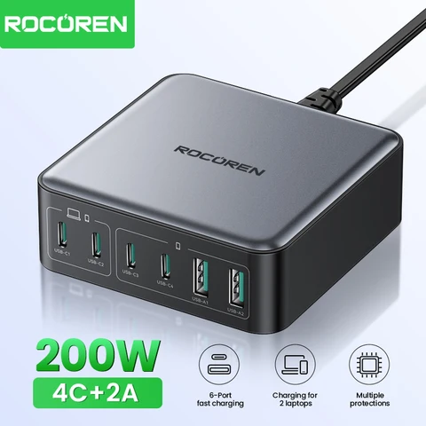 Rocoren 200 Вт GaN Зарядное устройство 6-портовое настольное зарядное устройство USB Type C для быстрой зарядки Портативная электростанция для iPhone 16 Pro Max Xiaomi