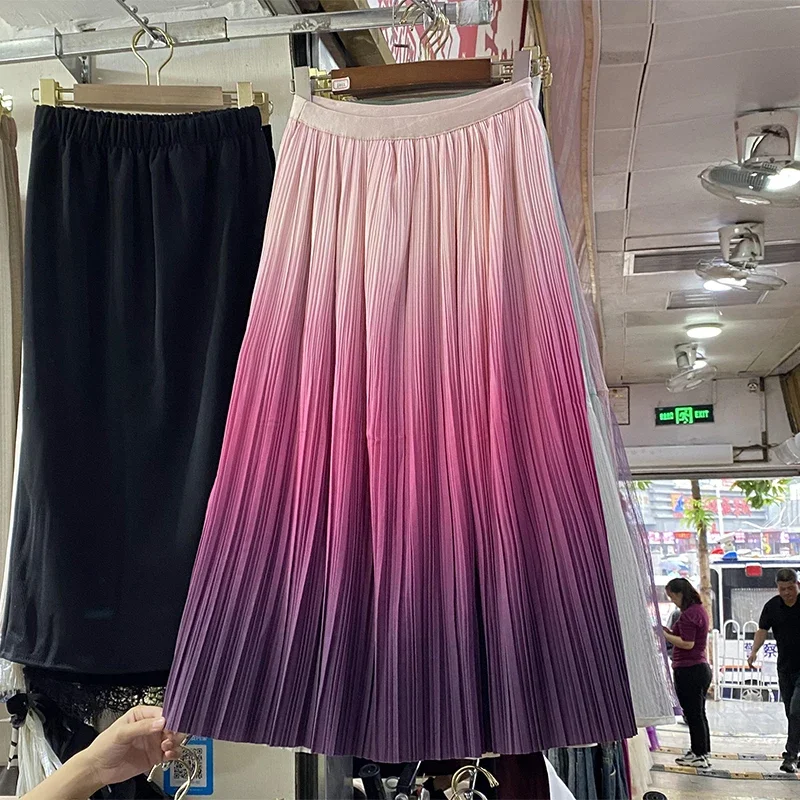 

Юбка Женская длинная в складку, ложная трапециевидная плиссированная юбка с градиентным переходом цвета, с завышенной талией, всеможденный, Прямая поставка