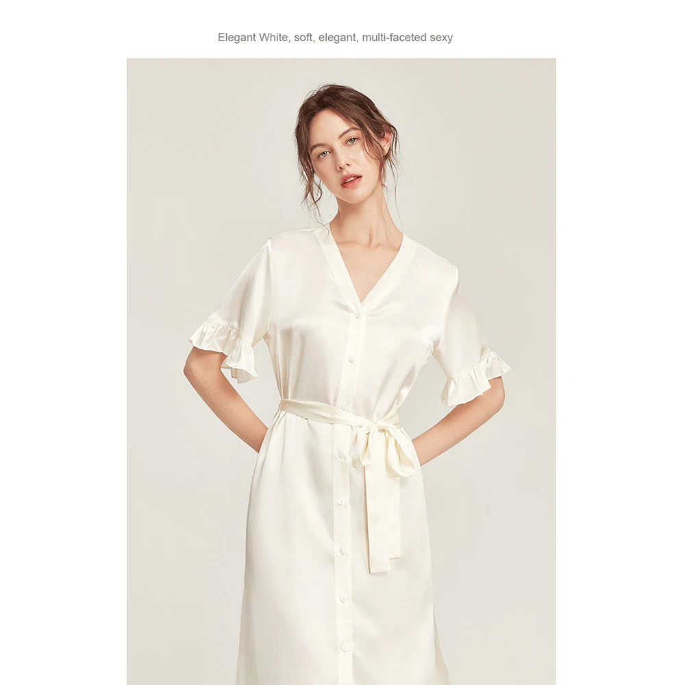 LiliRoms Noble White 22 Momme 100% Silk Tied Dress Nightgown Robe Mid Sleeve Button Ribbon Sleepwear Elegant Clothing For Gift