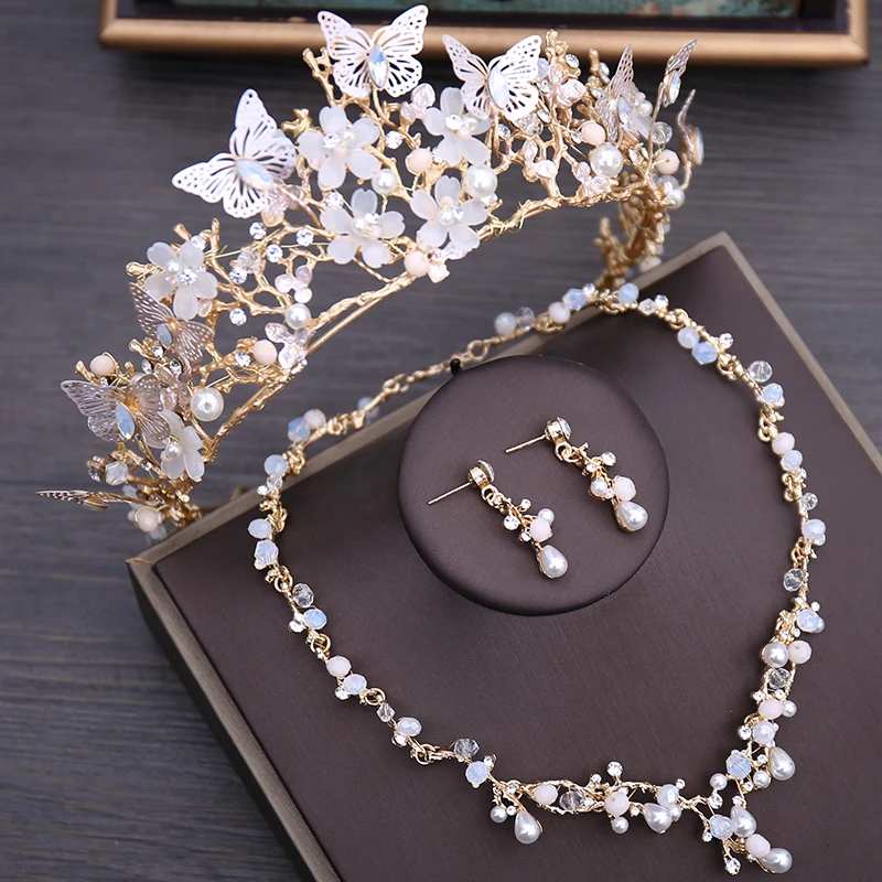 

Luxury Crystal Beads Pearl Butterfly Costume Jewelry Sets Floral Rhinestone Choker Necklace Earrings Tiara Wedding Jewelry Set