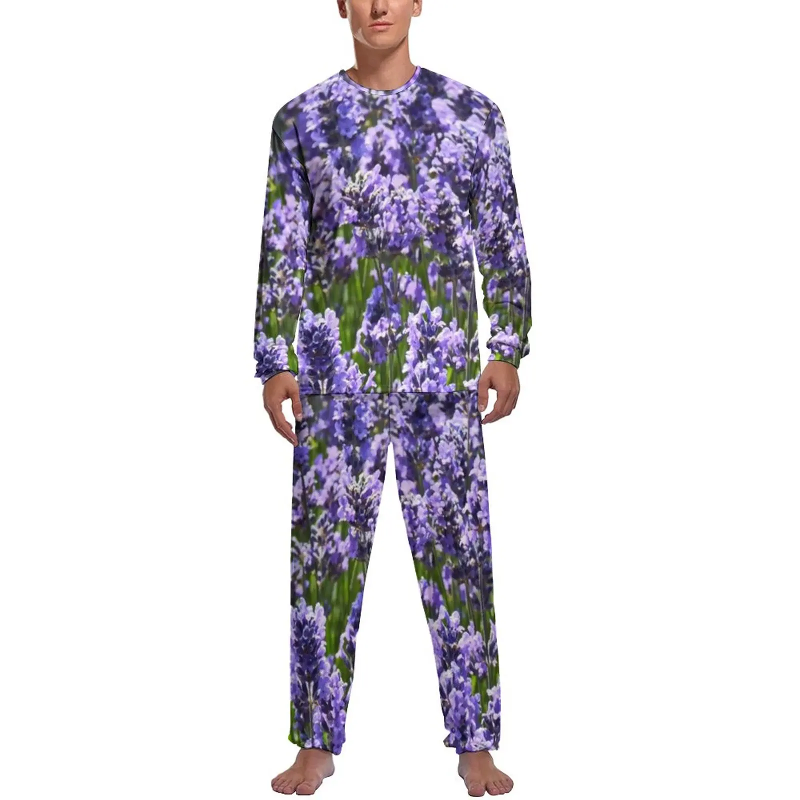 

Lovely Lavender Pajamas Daily Two Piece England Nature Purple Flowers Kawaii Pajama Sets Men Long-Sleeve Room Graphic Nightwear