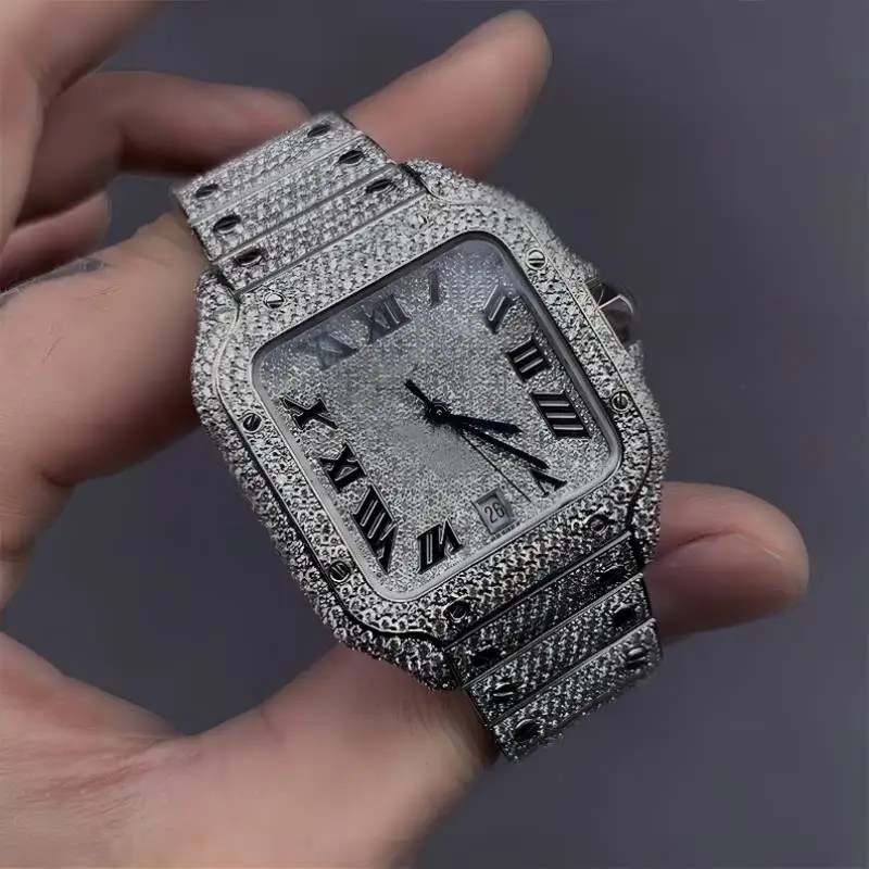

SMVPLuxury Moissanite Iced Out Watches, Hip Hop Bust Down Unisex Diamond Watch, Stainless Steel Moissanite Studded Wrist Watch